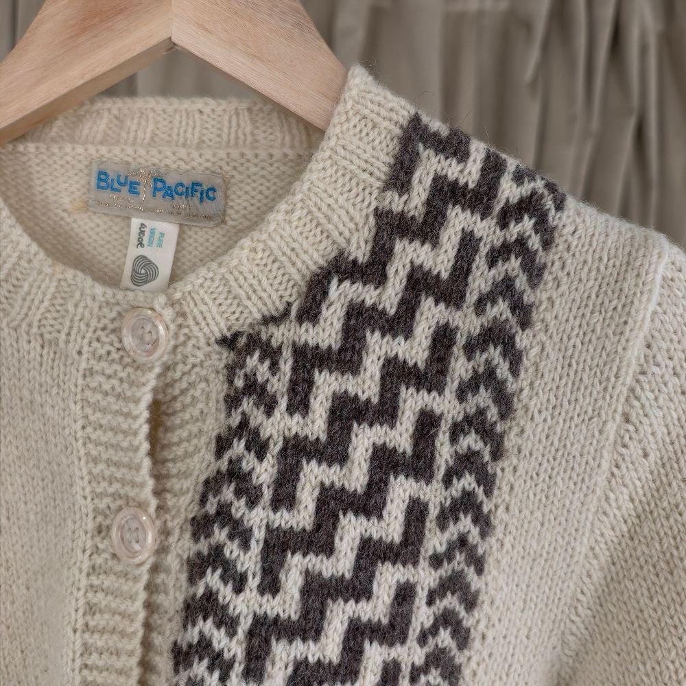 Vintage Cream and Brown Geometric Wool Sweater Cardigan
