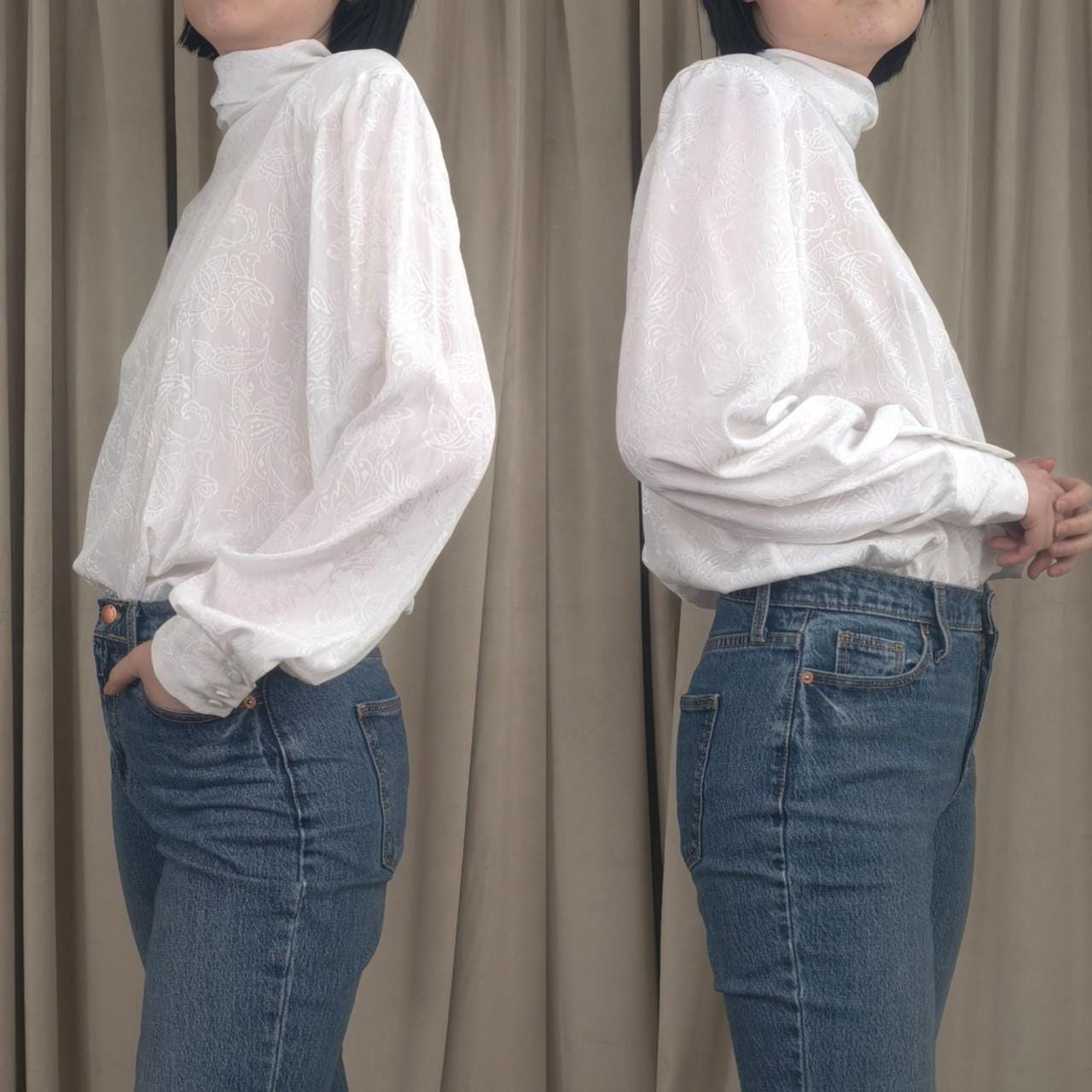 Vintage JH Collectible White Satin Embroidered Blouse