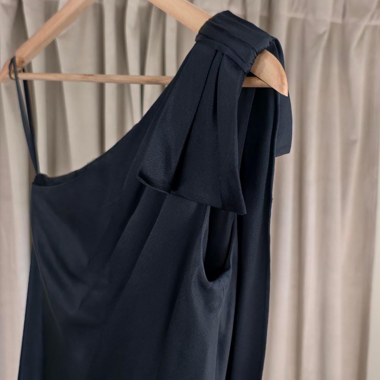 Ann Taylor Black Silk One Shoulder Midi Dress with Bow
