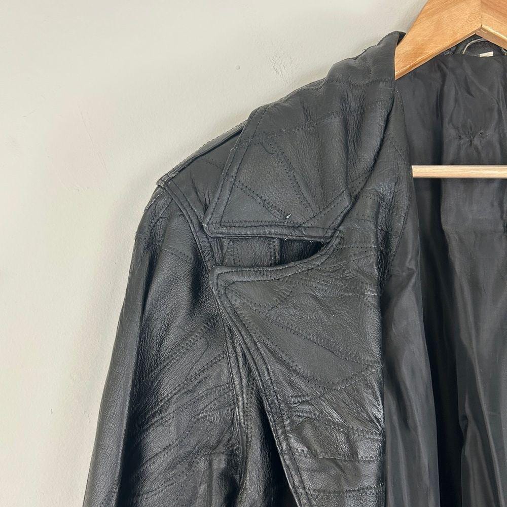 Vintage Black Patchwork Leather Trench Coat with Belt