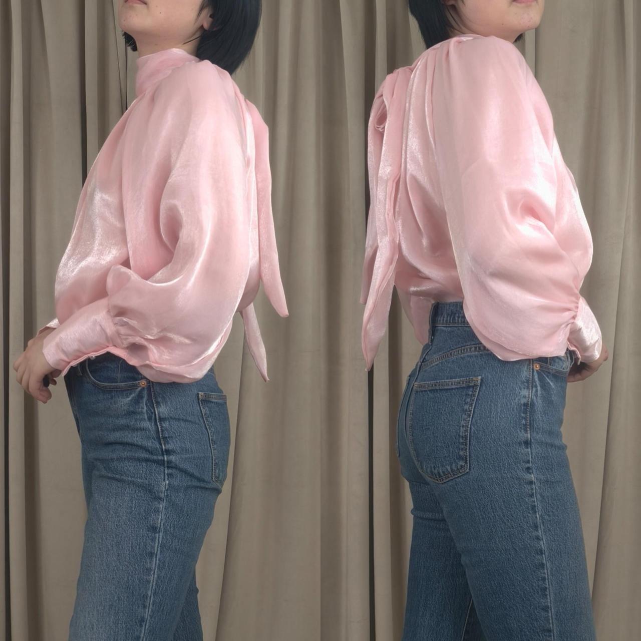 Vintage Pink Luminescent Blouse with Tie Neck and Puffy Sleeves