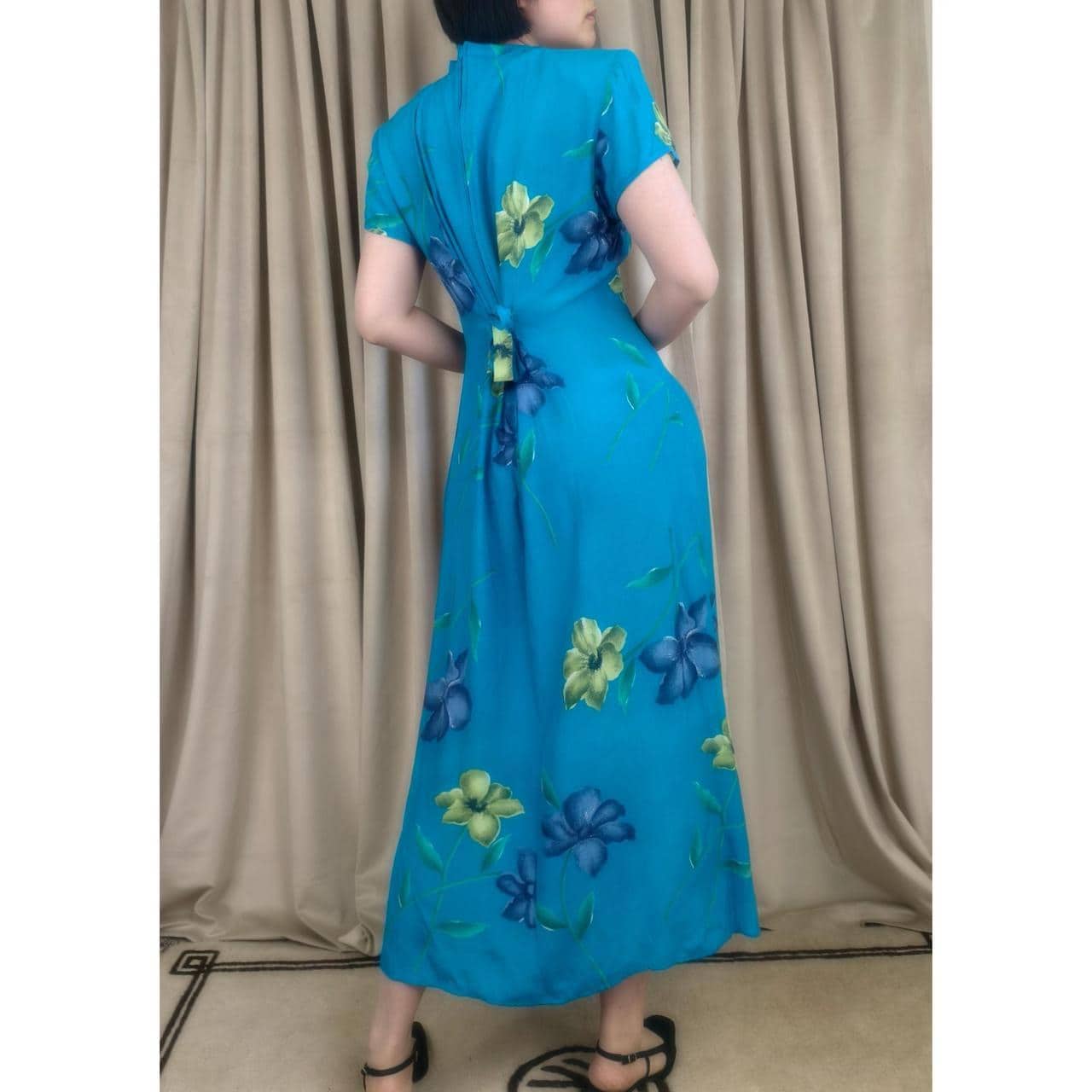 Vintage DJI Blue Floral Rayon Qipao Dress