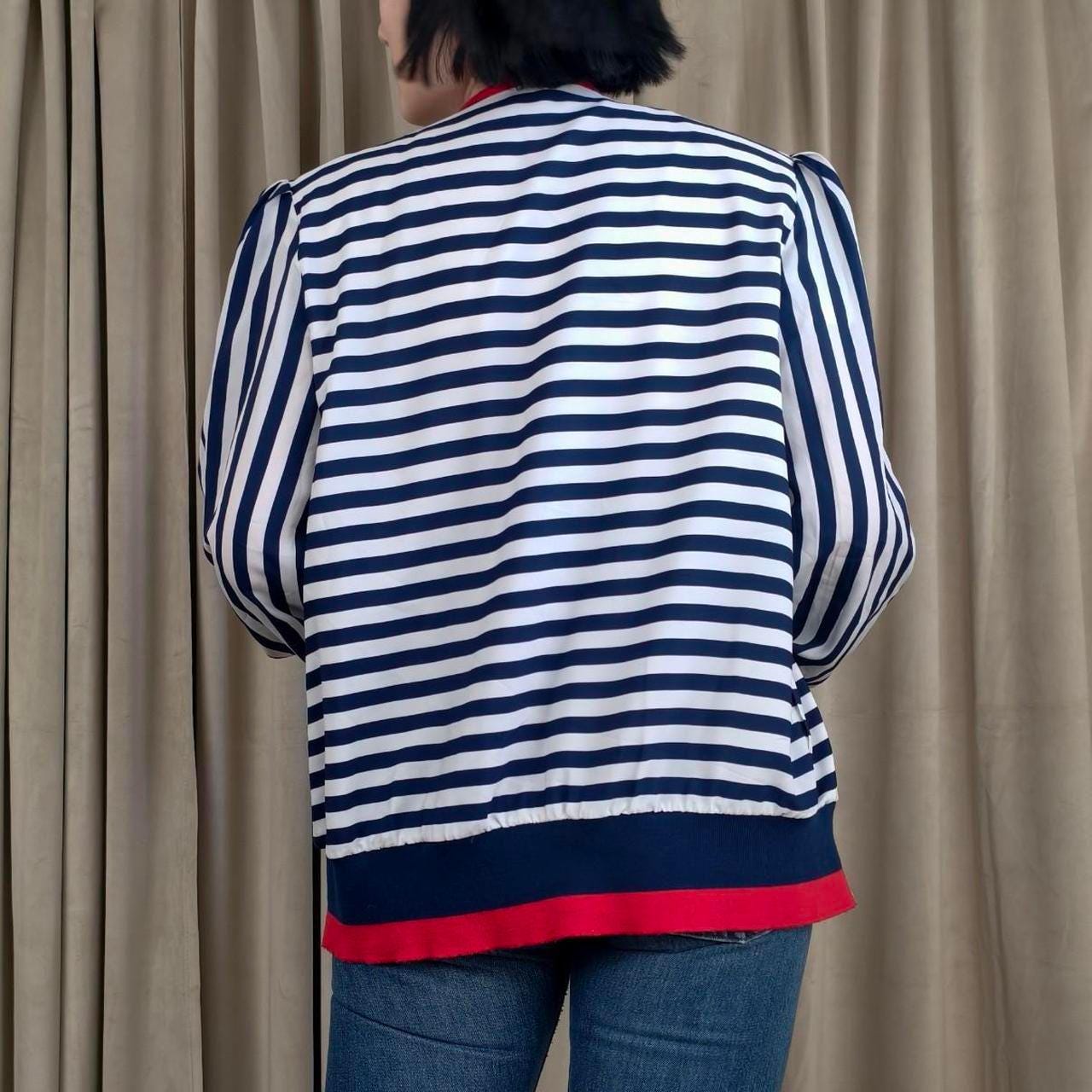 Vintage Striped Navy and White Cardigan with Red Trim