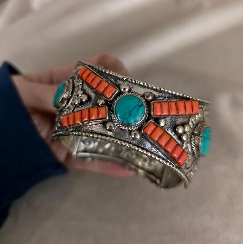 Antique Tibetan Handmade Sterling Silver and Orange Coral Bracelet