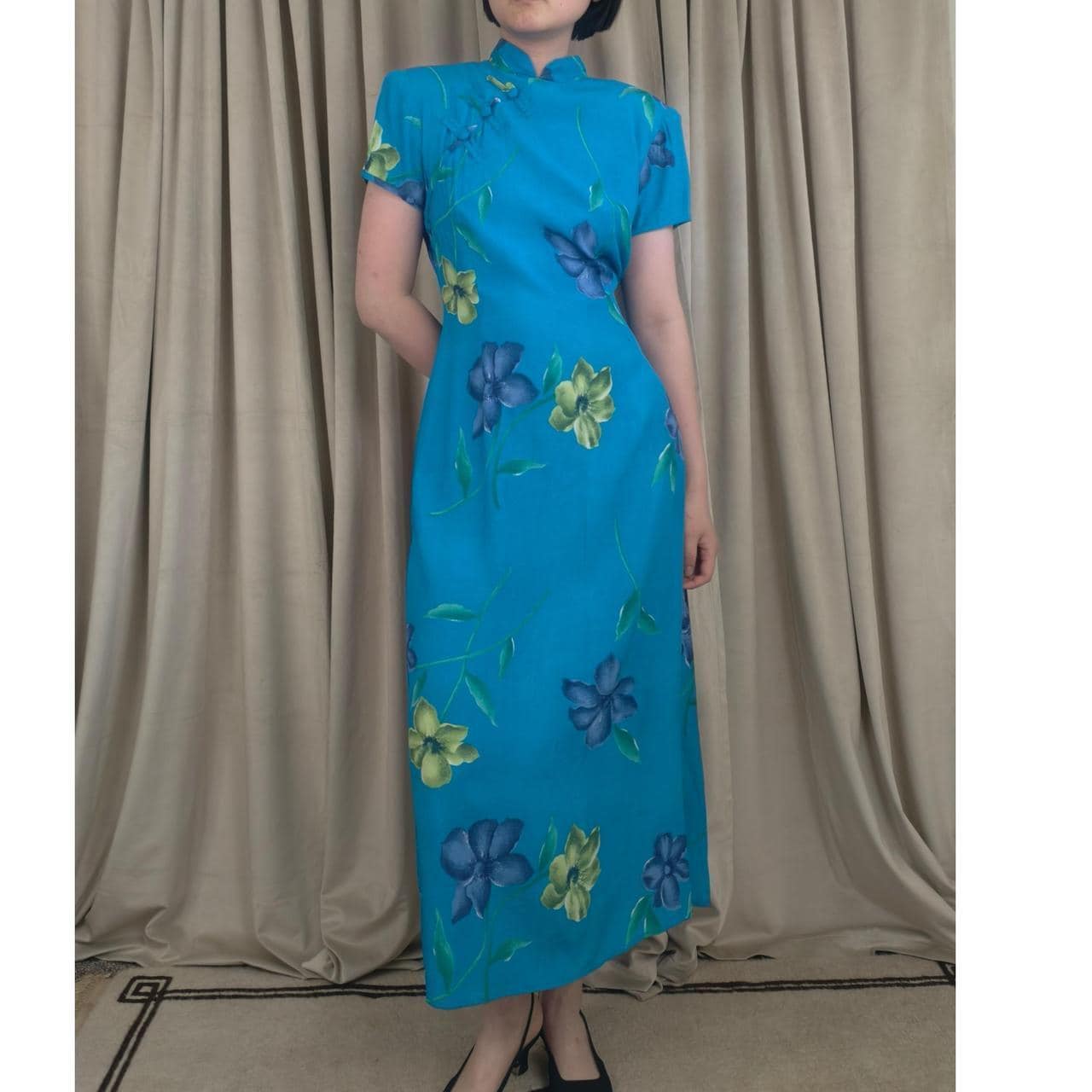 Vintage DJI Blue Floral Rayon Qipao Dress