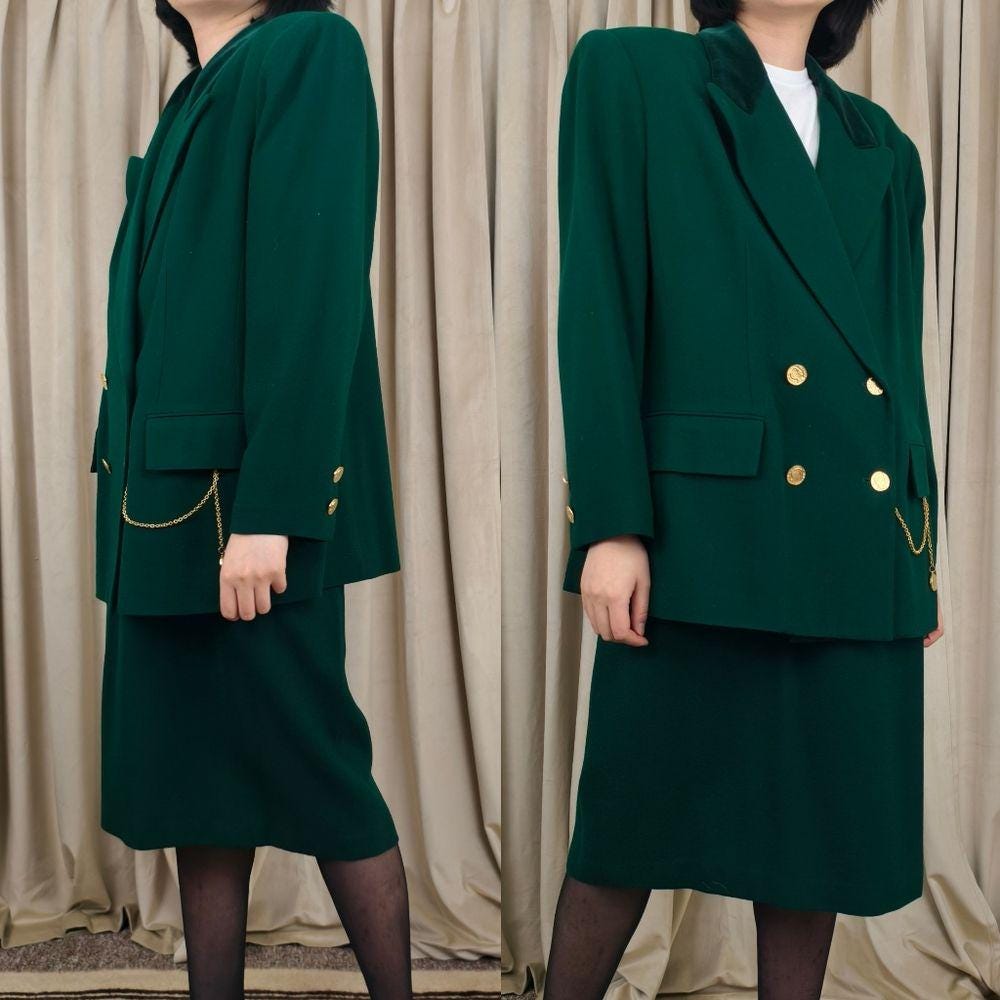 Vintage Kasper Green Wool Skirt and Blazer Suit with Gold Accents