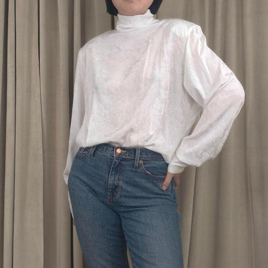 Vintage JH Collectible White Satin Embroidered Blouse