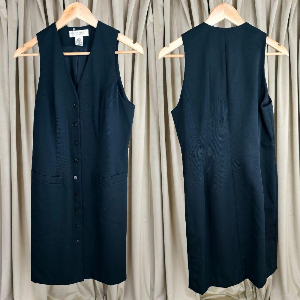 Vintage Valerie Stevens Black Wool Button-Down Sleeveless Vest Dress