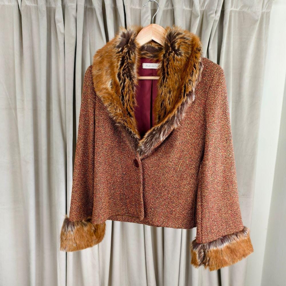Vintage Orange Brown Cropped Pennylane Tweed Jacket Fox Fur Collar and Cuffs
