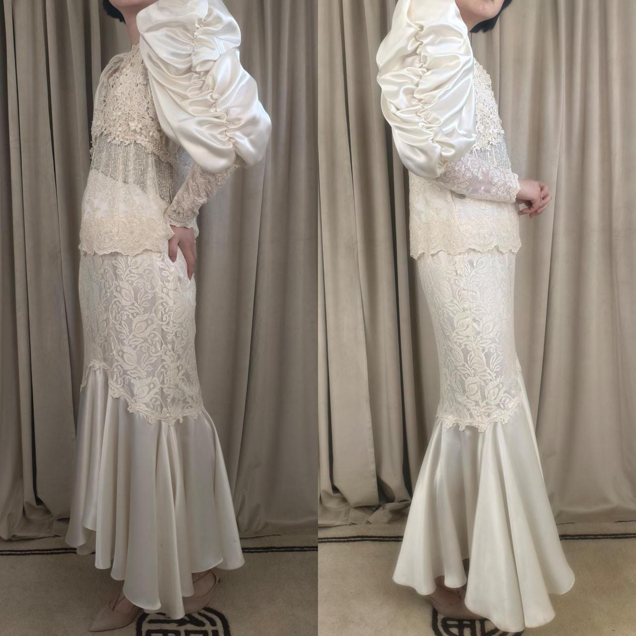Vintage Cache Boho Cream Satin and Lace Wedding Gown