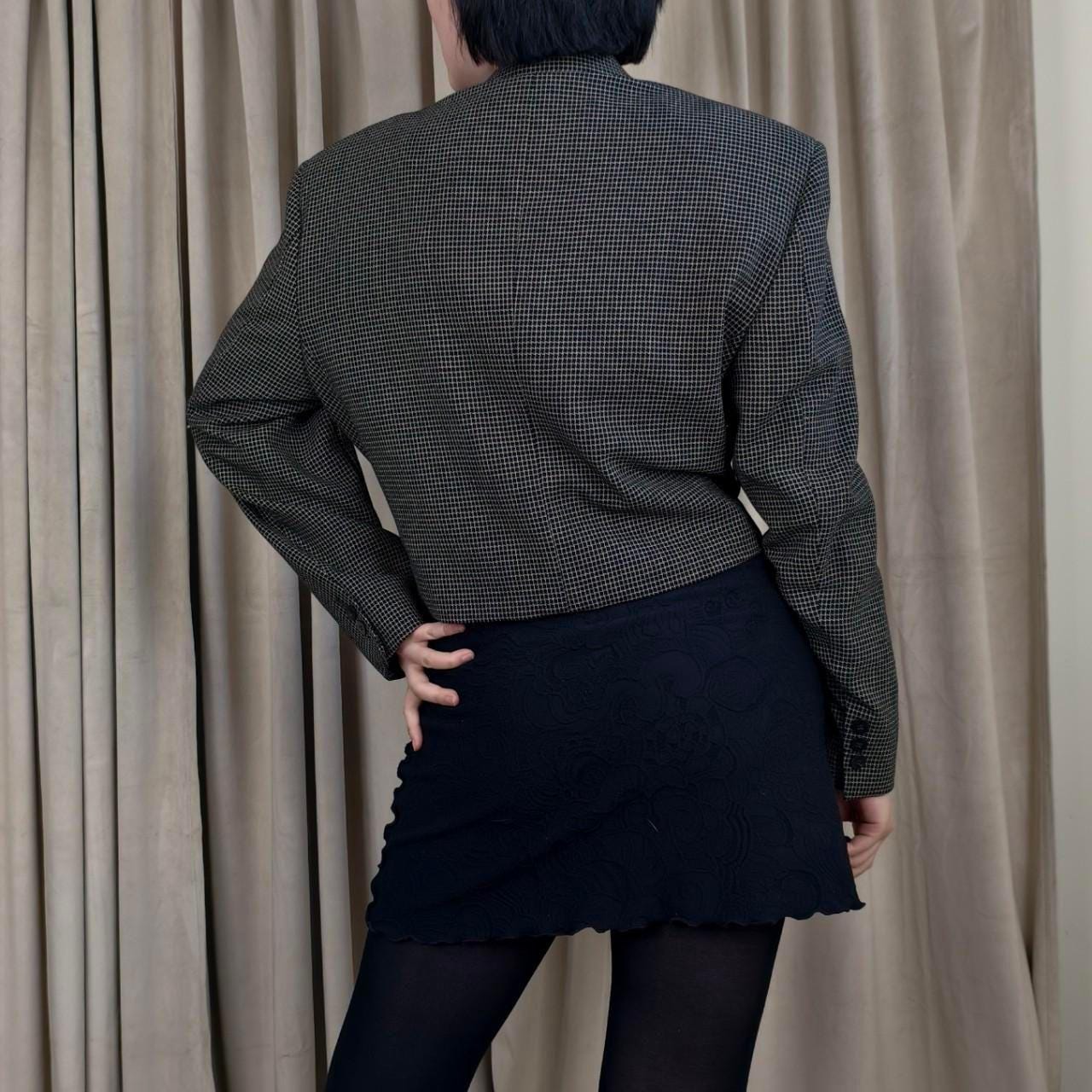 Reworked Vintage Black and Gold Cropped Checkered Blazer Tang Mandarin Jacket