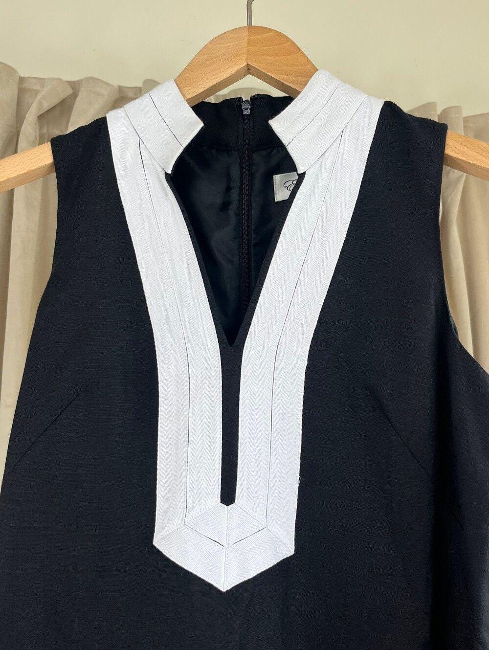Eliza J Sleeveless Linen Blend Black Shift Dress with White Trim