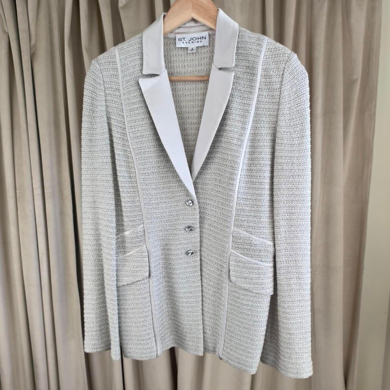 St. John Evening Silver Grey Knit Blazer Tailored Jacket