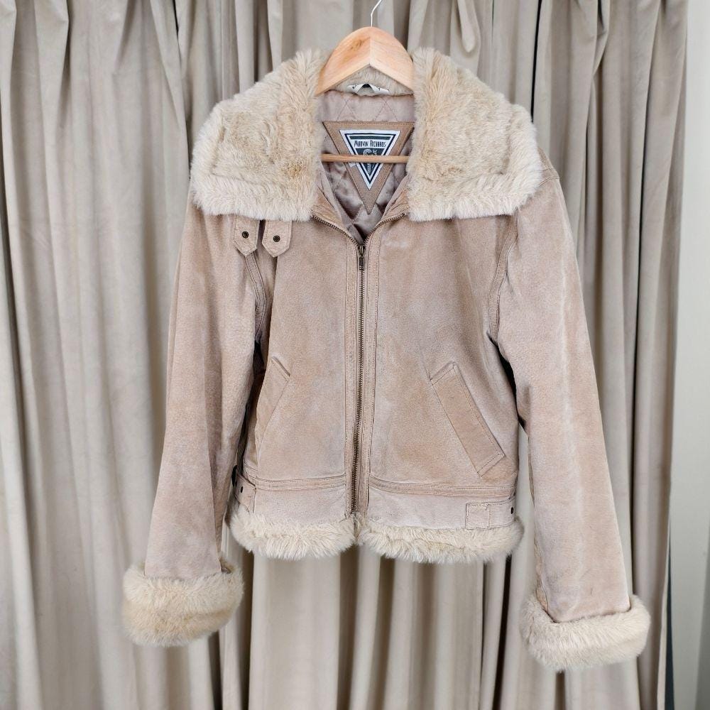 Vintage Marvin Richards Pennylane Cream and Tan Suede Jacket with Faux Fur Trim