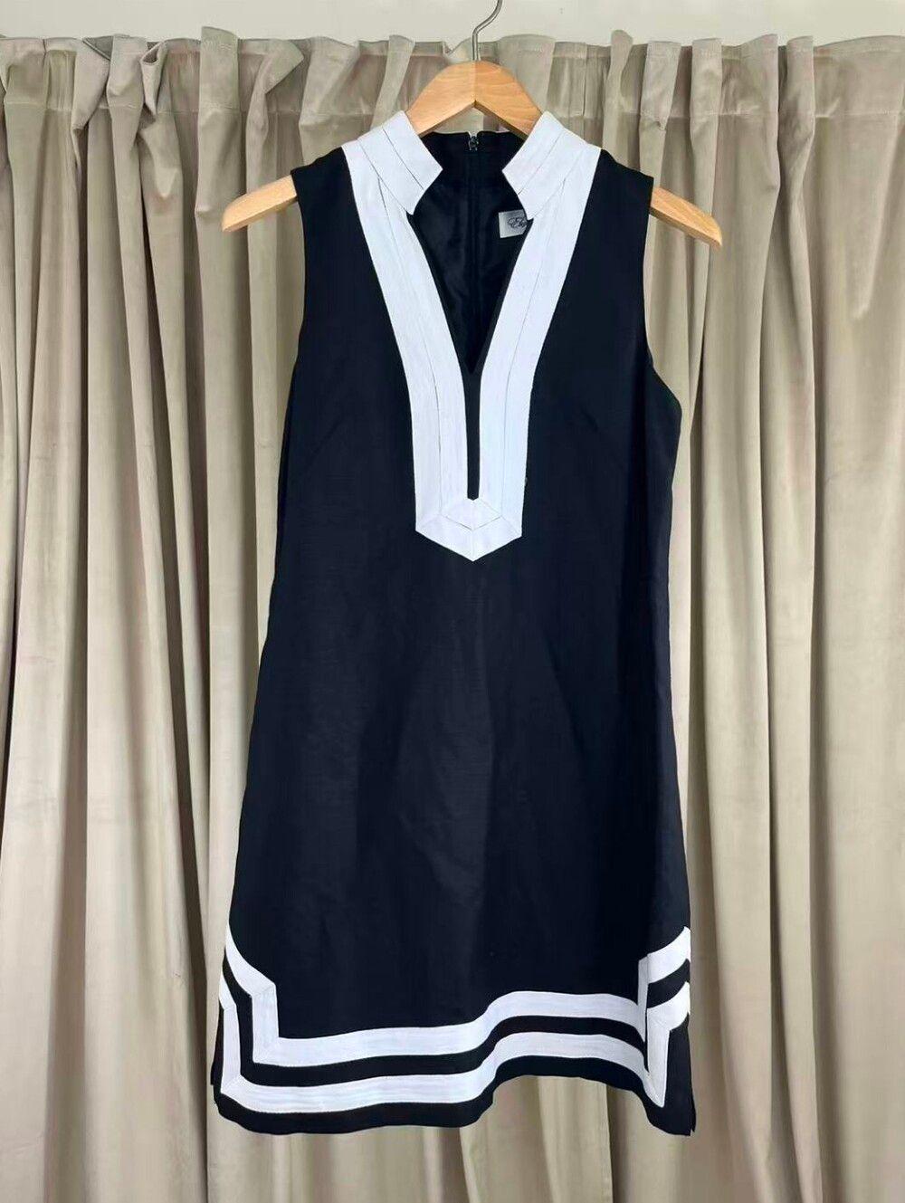 Eliza J Sleeveless Linen Blend Black Shift Dress with White Trim