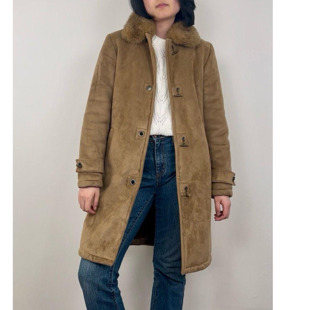Vintage Brown Tan Dana Buchman Faux Fur Shearling Coat with Fur Collar