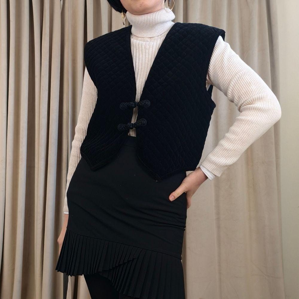 Vintage COSCOB Black Quilted Velvet Mandarin Vest with Frog Closures