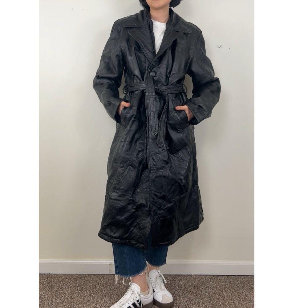 Vintage Black Patchwork Leather Trench Coat with Belt