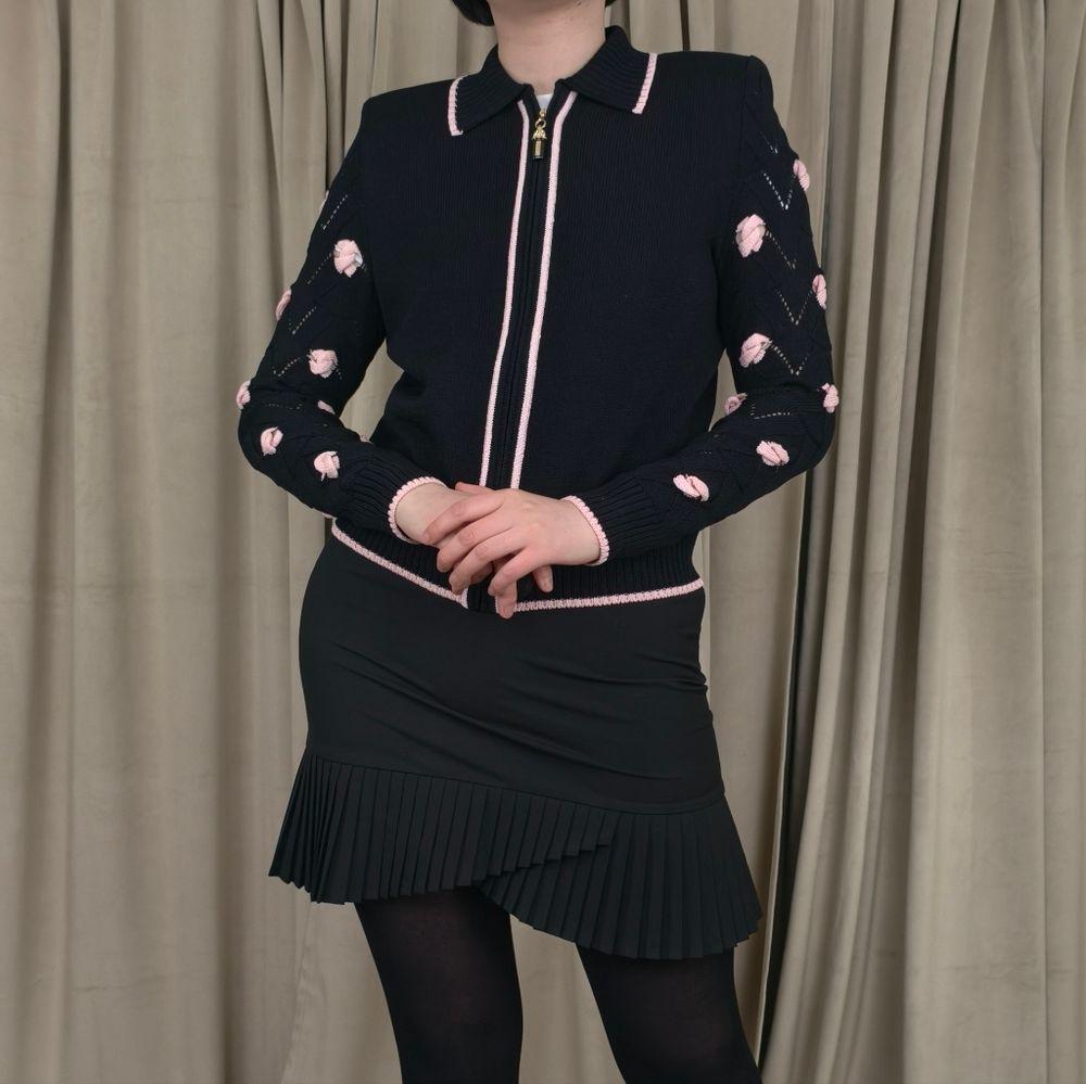 St. John Collection Black Zip Up Cardigan with Pink Details