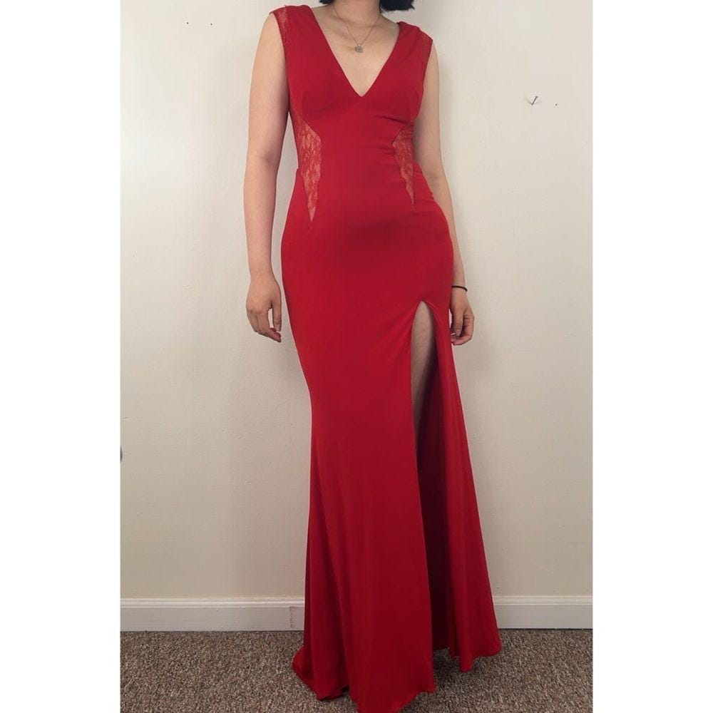 Jovani Elegant Red Evening Dress Gown with Lace Detailing