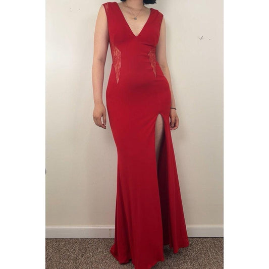 Jovani Elegant Red Evening Dress Gown with Lace Detailing