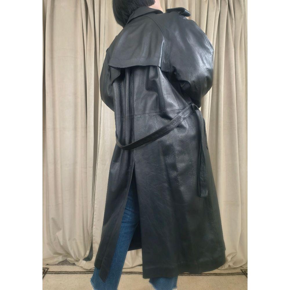 Vintage Black Genuine Leather Double Breasted Trench Coat