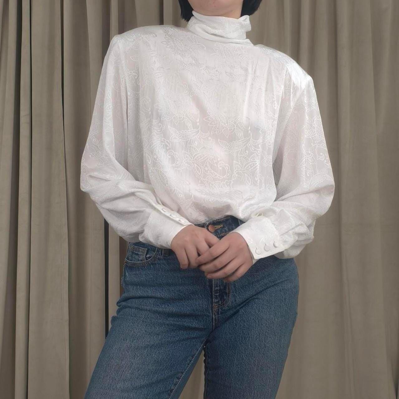 Vintage JH Collectible White Satin Embroidered Blouse