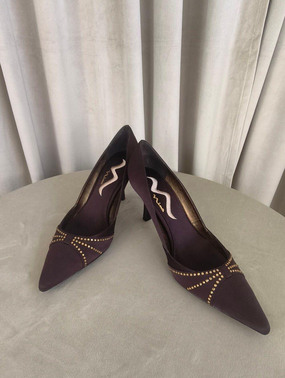 Vintage Mina Dark Brown Women's Pointed Toe Studded Satin Pumps