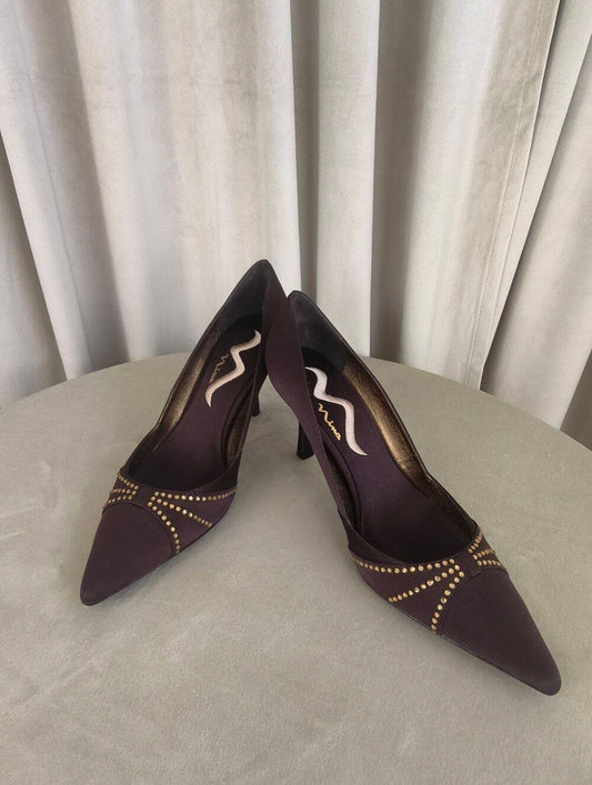 Vintage Mina Dark Brown Women's Pointed Toe Studded Satin Pumps
