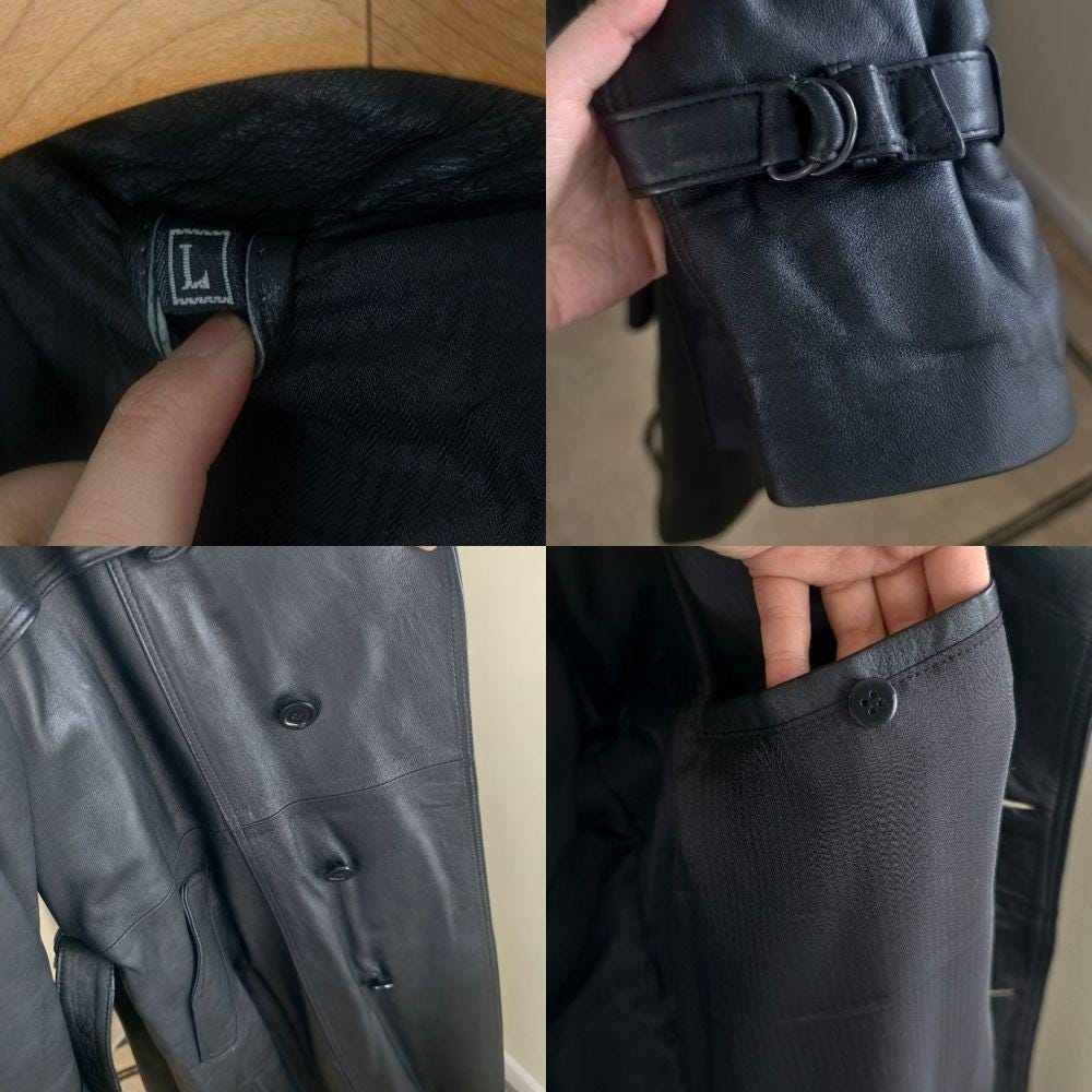 Vintage Black Genuine Leather Double Breasted Trench Coat