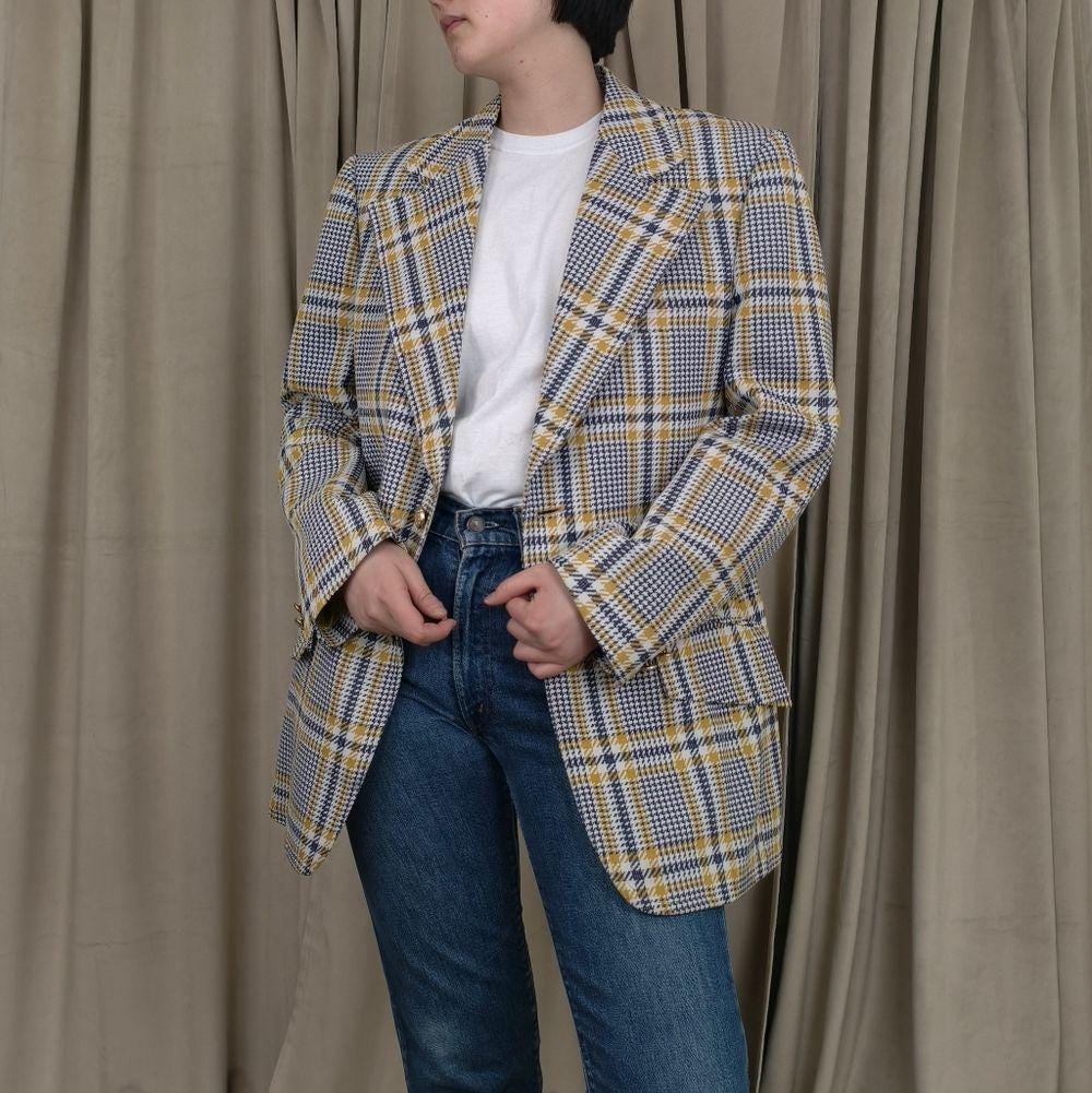 Vintage Blue and Yellow Plaid Boyfriend Blazer