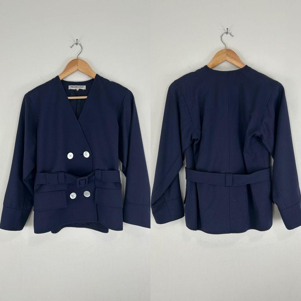 Vintage Yves Saint Laurent Navy Blazer and Skirt Wool Suit Set