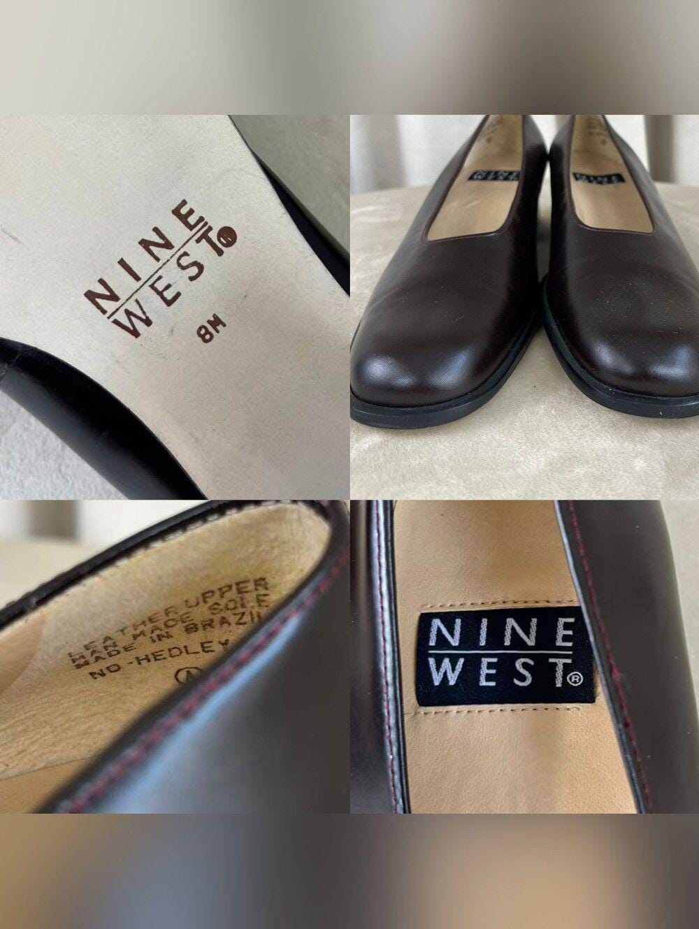 Vintage Nine West Dark Brown Leather Low Block Heel Pumps Flats
