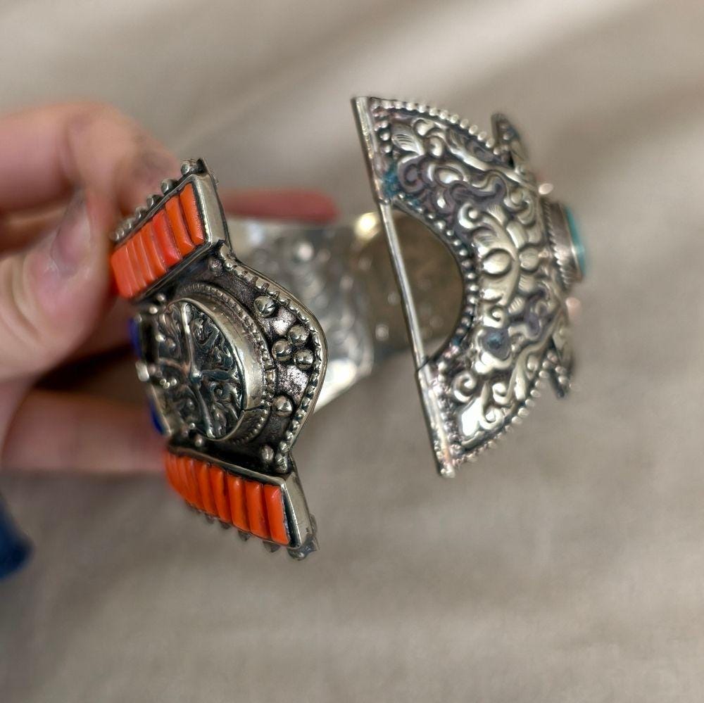 Antique Tibetan Handmade Sterling Silver and Orange Coral Bracelet
