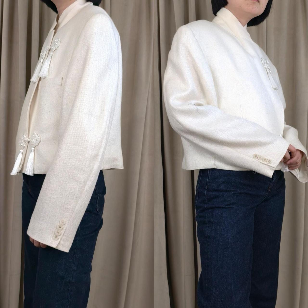 Reworked Vintage White Cropped Blazer Tang Mandarin Jacket