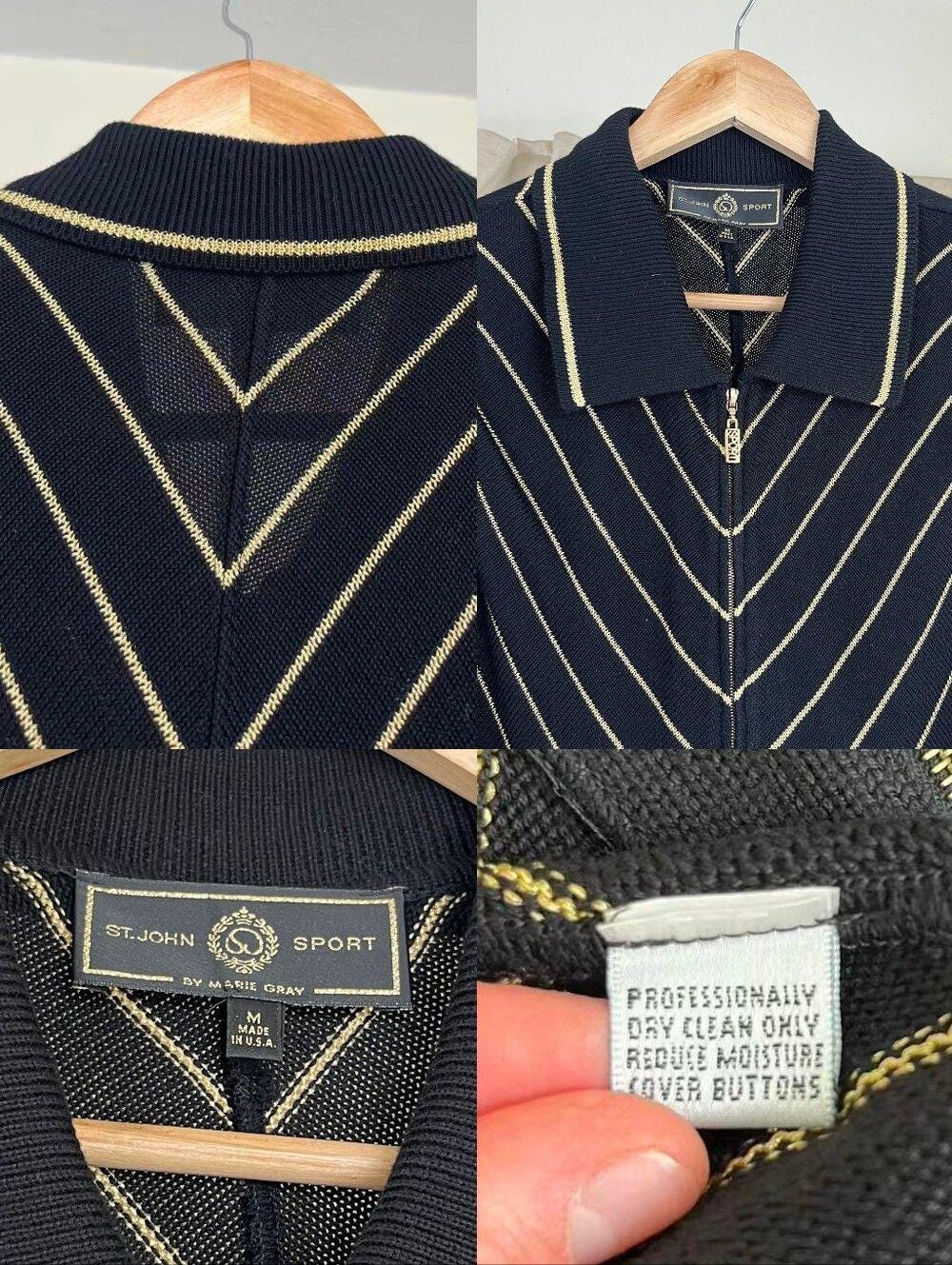 Vintage St John Sport Sleeveless Black Polo Sweater Vest with Gold Stripes