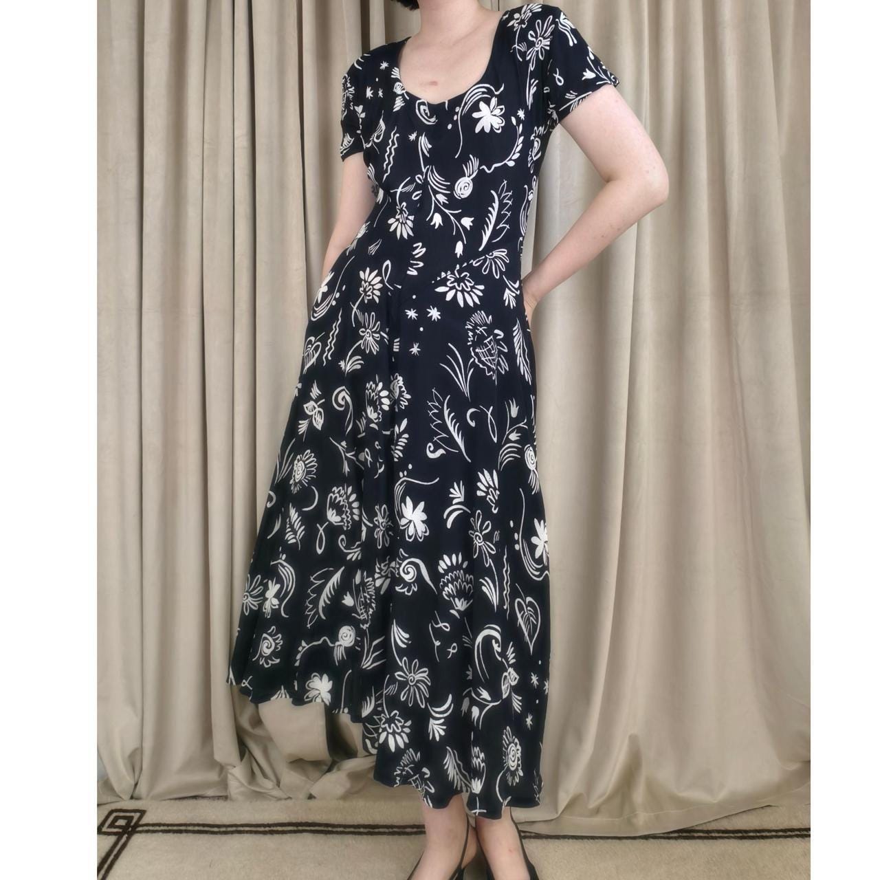 Vintage Nostalgia Black and White Doodle Floral Summer Dress