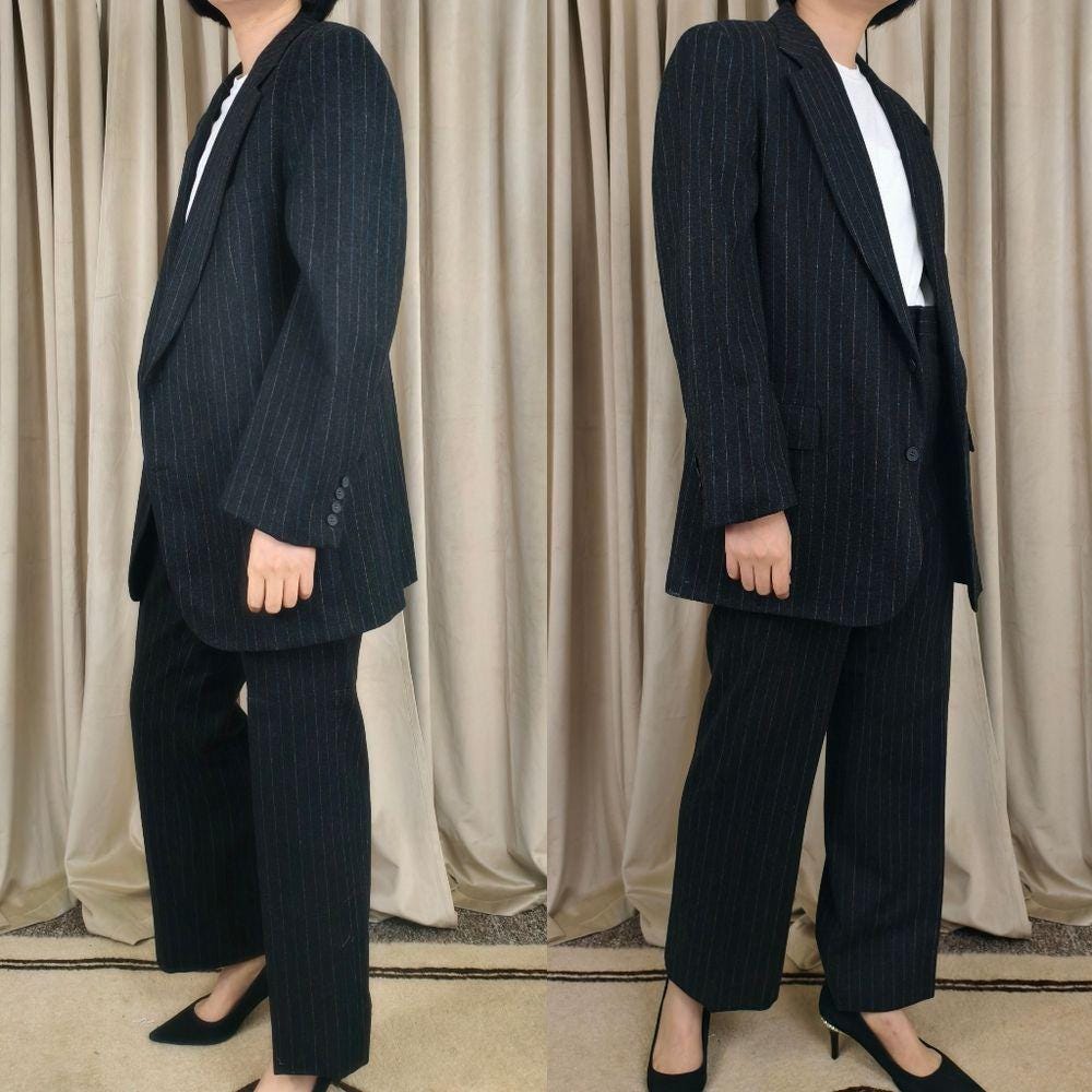 Vintage Southwick Black Charcoal Pinstripe Wool Boyfriend Men's Pant Suit