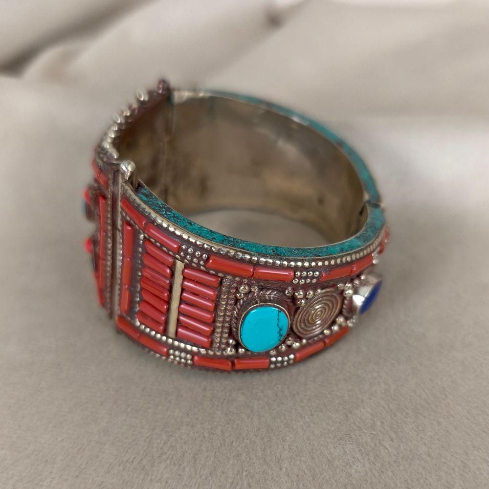 Antique Handmade Tibetan Sterling Silver Red Coral and Turquoise Bracelet
