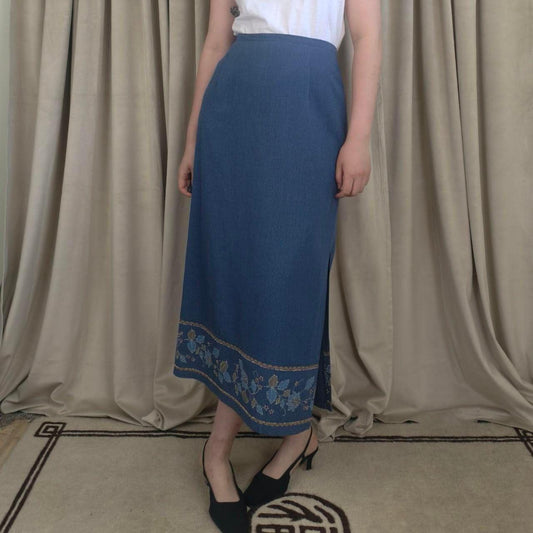 Vintage Blue Denim Maxi Skirt with Floral Embroidery