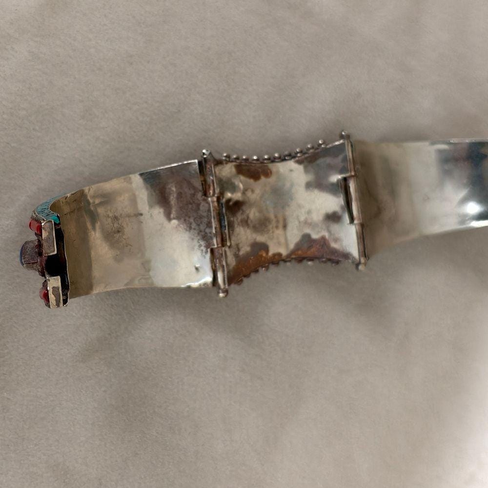 Antique Handmade Tibetan Sterling Silver Red Coral and Turquoise Bracelet