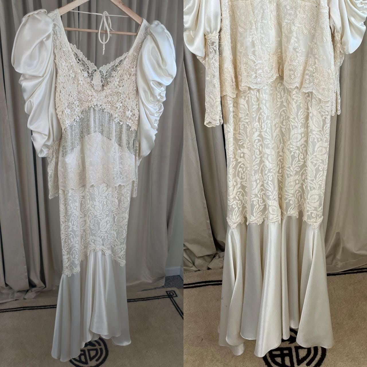 Vintage Cache Boho Cream Satin and Lace Wedding Gown