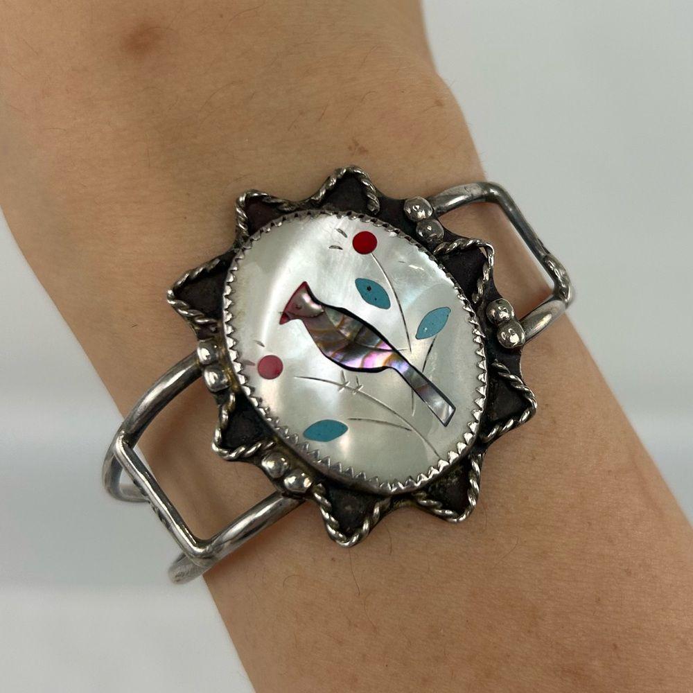 Vintage Silver Zuni Inlaid Mother of Pearl Bird Bracelet