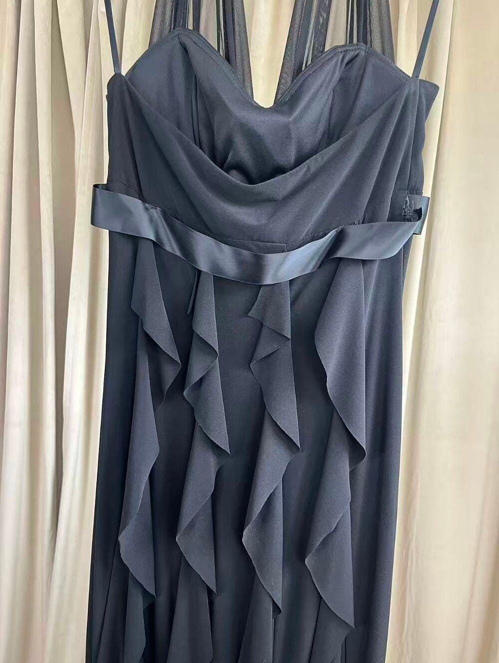 Vintage Betsy & Adam Elegant Black Halter Ruffle Backless Maxi Dress