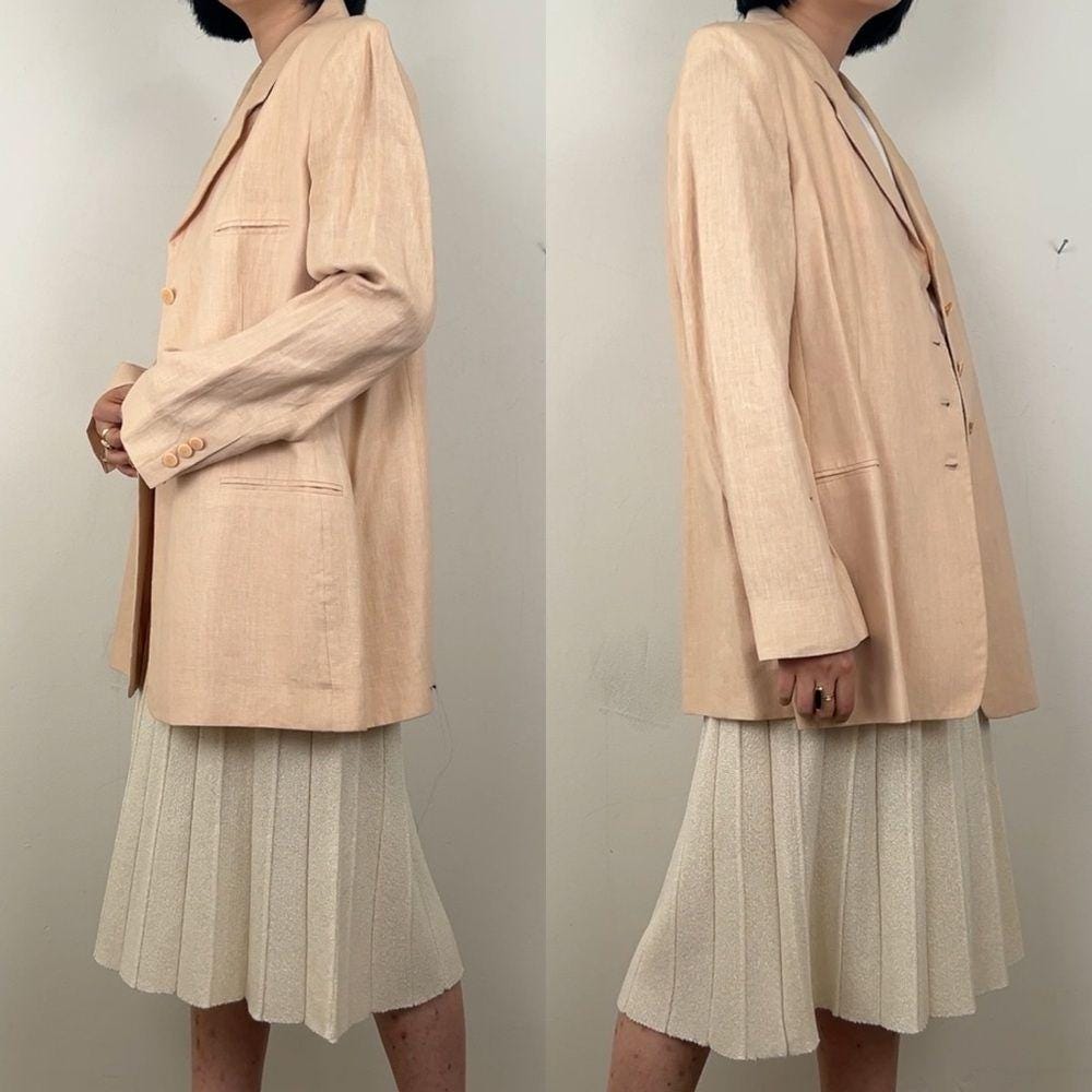 Vintage Ellen Tracy Sparkly Pink/Beige Linen Structured Long Blazer