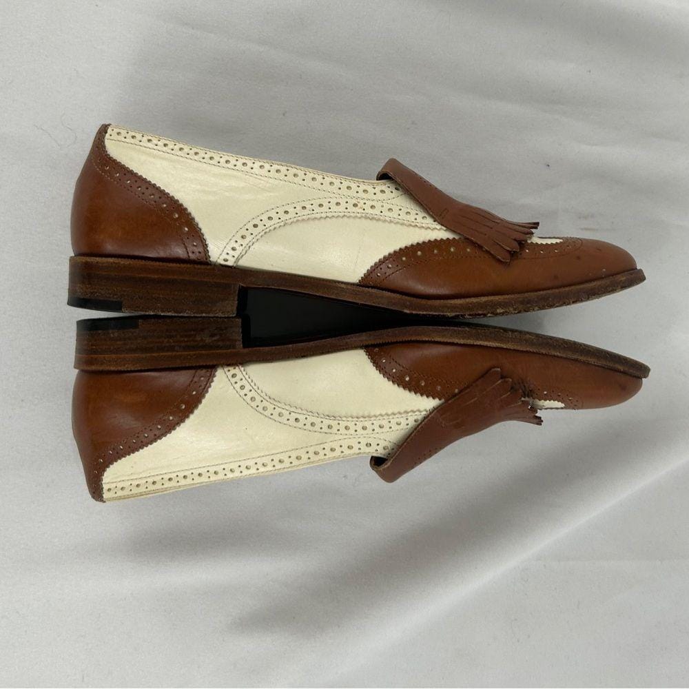 Vintage Ralph Lauren Made in Italy Brown and White Loafers with Fringe Accent