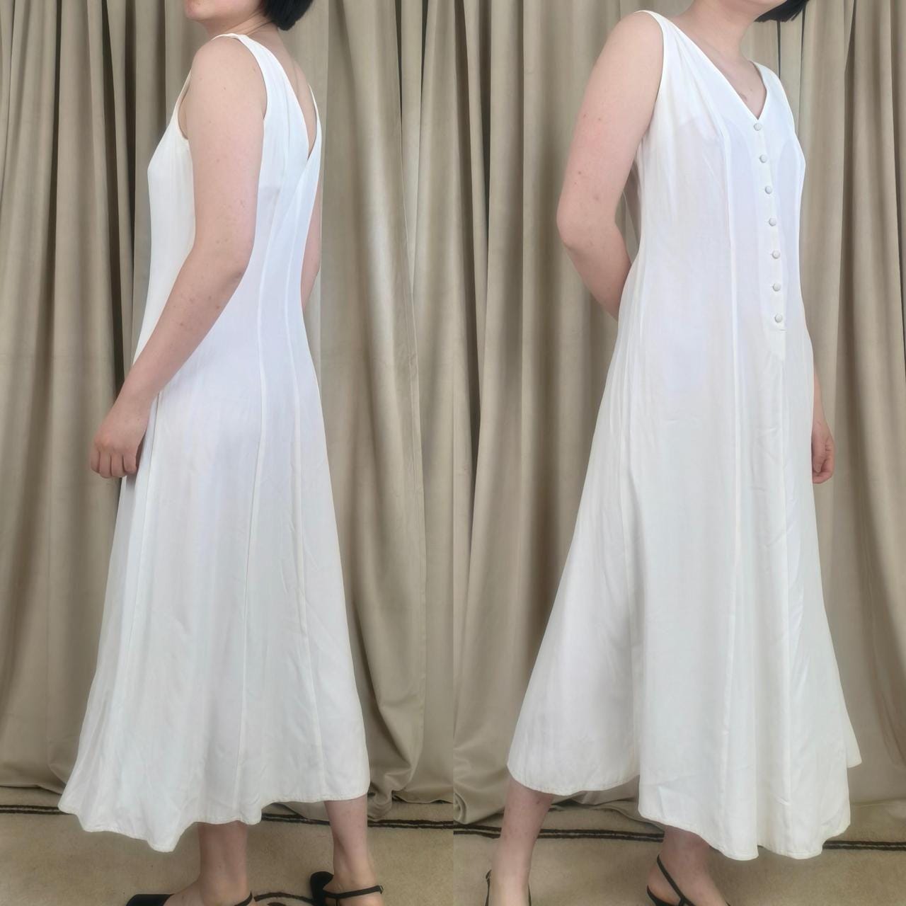 Vintage White Rayon Blend 70s White Dress with Button Front