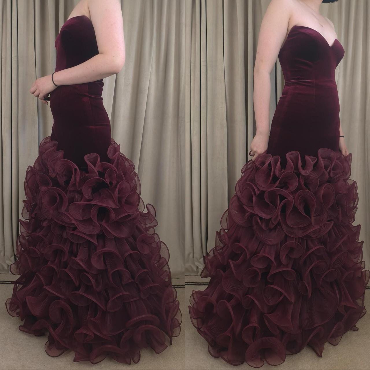 Vintage Jovani Strapless Velvet Burgundy Ruffle Mermaid Evening Gown Prom Dress