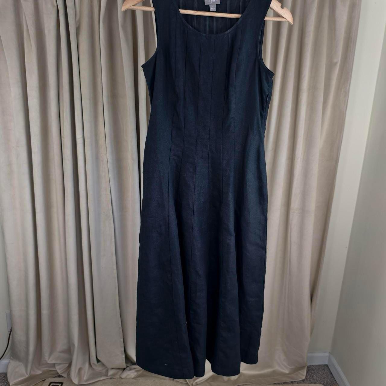 J.Jill Black Linen Midi Dress with Pleated Bodice and Flared Skirt