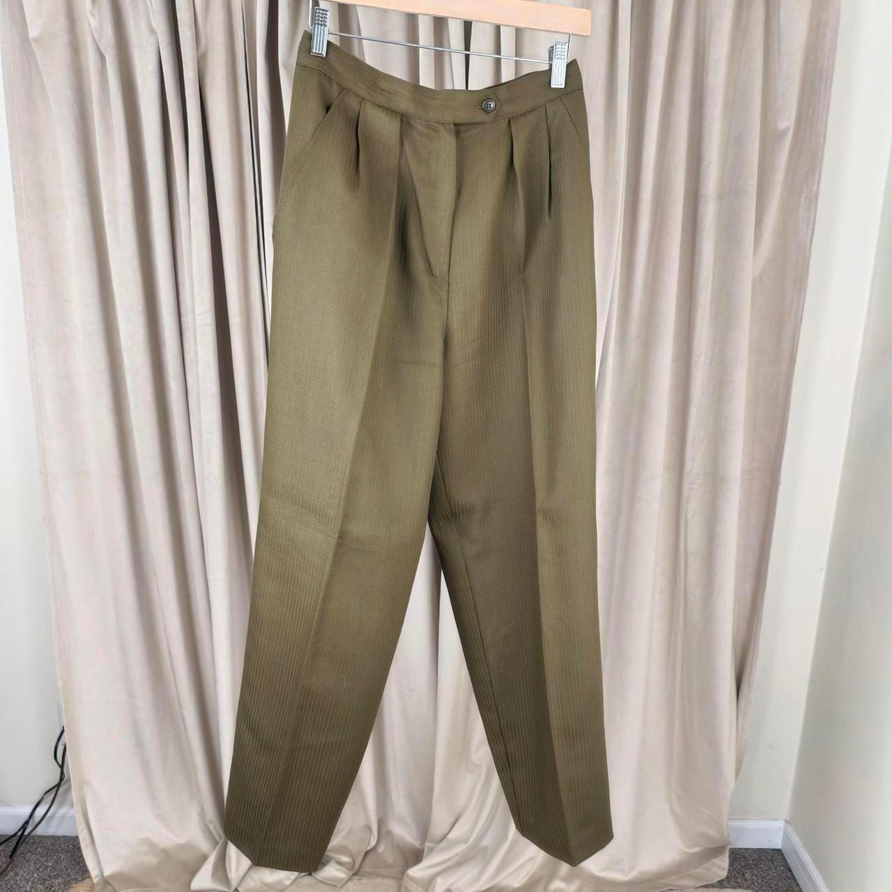 Vintage Jones New York Khaki and Green High-Waisted Wool Tailored Trousers